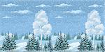 Seamless Horizontal Christmas Winter Forest Landscape with Birch, Firs Trees and Sky with Snow and Clouds.
