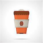 Single flat color style vector icon for orange disposable coffee cup with holder on white background.