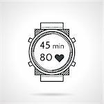 Single flat black line vector icon for sport wrist watch with minutes counter and heart beat control on white background.