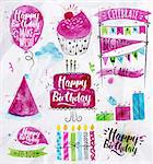 Set of birthday element drawing watercolor on crumpled paper