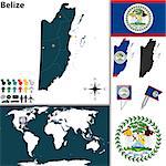 Vector map of Belize with regions, coat of arms and location on world map