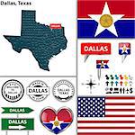 Vector set of Dallas Texas in USA with flag and icons on white background