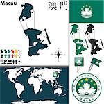 Vector map of Macau with coat of arms and location on world map