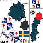 Vector map of county Norrbotten with coat of arms and location on Sweden map