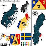 Vector map of county Stockholm County with coat of arms and location on Sweden map