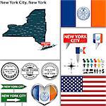 Vector set of New York City New York in USA with flag and icons on white background