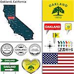 Vector set of Oakland, California in USA with flag and icons on white background