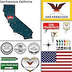 Vector set of San Francisco, California in USA with flag and icons on white background