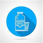 Round blue flat vector icon with white line bottle of milk and a glass on gray background with long shadows.