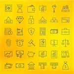 Bank Banking and Finance Business Line Big Icons Set. Vector Set of Line Art Modern Icons for Web and Mobile. Bank and Banking. Debit and Credit. Money and Finance Items. Business Investments and Earnings Objects. Blurred background.