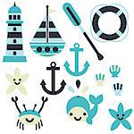A fun nautical set with anchors, sailboats, whales, crabs, starfish, shells, and paddles.