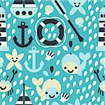A fun seamless nautical pattern with anchors, sailboats, whales, crabs, starfish, and more!