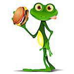 Illustration merry green frog with a delicious cheeseburger