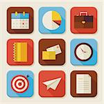 Flat Business and Office Squared App Icons Set. Flat Style Vector Illustrations. Back to School. Science and Education Set. Collection of Square Rectangular Shape Application Colorful Icons with Long Shadow