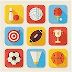 Flat Sport and Activities Squared App Icons Set. Flat Style Vector Illustrations. Team Games. First place. Collection of Square Rectangular Shape Application Colorful Icons with Long Shadow