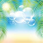 Bubbles above the sand beach and the palm branches at sunset time. Vector illustration.