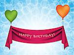 Happy birthday ribbon hanging on heart shaped balloons