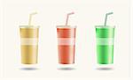Set of colorful disposable cups for beverages with straw. Vector illustration.