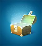 Magic fairytale wooden trunk empty with lights. Eps10 vector illustration