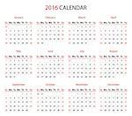 Simple 2016 year calendar in black and red