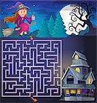 Maze 3 with cute witch and haunted house - eps10 vector illustration.