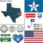 Vector set of Houston, Texas in USA with flag and icons on white background