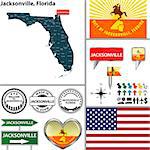 Vector set of Jacksonville, Florida in USA with flag and icons on white background
