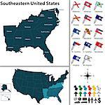 Vector set of Southeastern United States with flags and map on white background