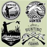 set of vector patterns with duck, dip, gun, hunter for hunting emblem
