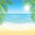 Sand beach and the palm branches at sunset time. Vector illustration.