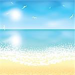 Sand beach at sunset time. Vector illustration.