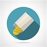 Round blue flat color design vector icon for long yellow baguette in paper pack on gray background with long shadows.