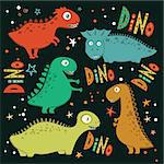 Set of funny cartoon dinosaurs on black background