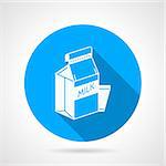 Round blue flat vector icon with white contour pasteurized milk pack and a glass on gray background with long shadows.