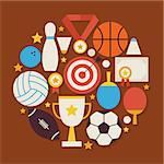 Sport Recreation and Competion Vector Flat Design Circle Shaped Objects Set with Shadow. Flat Design Vector Illustration. Collection of Sports and Activities Colorful Objects. Set of Modern Team Games First place and Sport Items with Shadow.