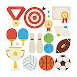 Flat Style Vector Collection of Sport Recreation and Competition Objects Isolated over White. Set of Sports and Activities Illustrations. Team Games. First place. Collection of Sport Items
