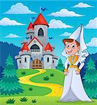 Medieval lady near fairy tale castle - eps10 vector illustration.