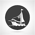 Black round flat design vector icon with white contour sail boat on gray background.