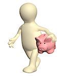 3d puppet walking with piggy bank. Isolated no white background