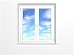 Closed window and clouds on blue sky. Isolated on white background
