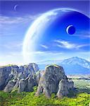 Fantastic landscape with planet, mountains and jingle