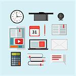 Set of education icons. Laptop, tablet, books, calculator, hat, clock, letter and bubble speech. Flat style vector illustration.