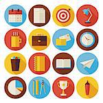 Flat Business and Office Circle Icons Set with long Shadow. Flat Styled Vector Illustrations. Back to School. Science and Education Set. Collection of Instruments and Tools. Success and leadership