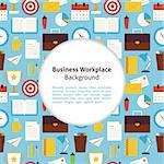 Flat Vector Business Workplace Background. Flat Style Vector Illustration for Office Business Life Promotion Template. Colorful Office Tools and Objects for Advertising. Corporate Identity with Text