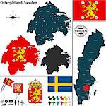 Vector map of county Ostergotland with coat of arms and location on Sweden map