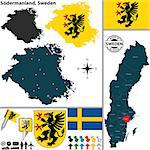 Vector map of county Sodermanland with coat of arms and location on Sweden map