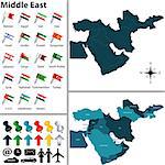 Vector of political map of Middle East set with flags on white background