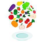 Flat vector illustration - plate with fresh vegetables and fruits