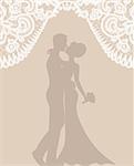 Wedding invitation or greeting card with groom and bride on beige background