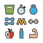 Vector Fitness and Dieting Items Modern Flat Icons Set. Healthy Lifestyle App Web Elements Collection. Sport Equipment and Sports. Workout and Exercises. Colorful Elements for Mobile Game and Web Application